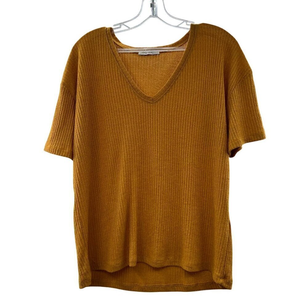 Zara Trafaluc Ribbed Top Women's Size Small Mustard Short Sleeve V-Neck